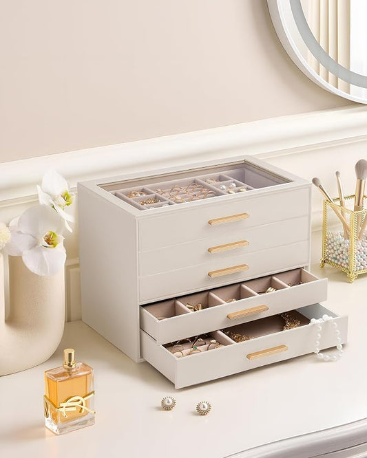 Lolalet Jewelry Box Organizer, 5-Layer Jewelry Organizers and Storage Case with Glass Lid, Ring Earring Bracelet Necklace Holder Organizer, Birthday Valentine Gifts for Women Girls -5Layer, Beige