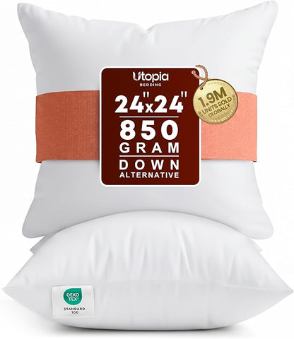 Utopia Bedding 24x24 Pillow Inserts, Set of 2, White – Indoor Decorative Throw Pillows for Bed, Sofa & Couch – Soft, Supportive & Fluffy Cushion Inserts