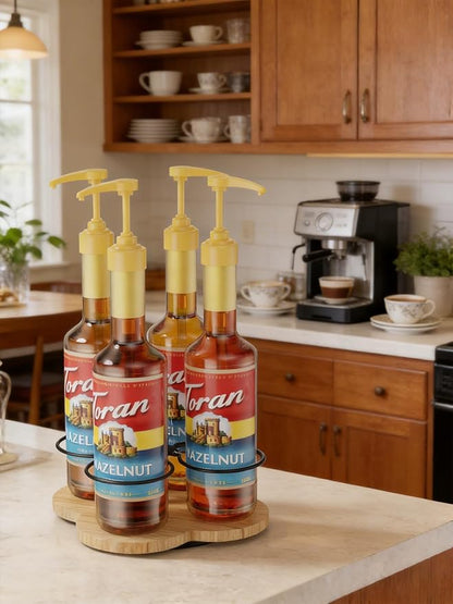 THYGIFTREE Rotating Coffee Syrup Organizer 4 Bottles Syrup Rack Dispenser16.9oz for Countertop Wood Bottle Holder Stand for Coffee Bar Station