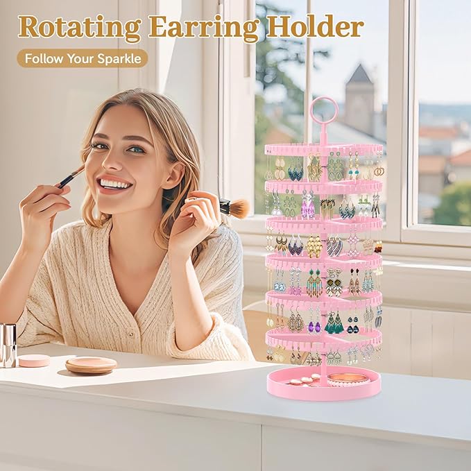 MODOWEY 6 Tier Rotating Earring Holder Organizer Display Tree with Metal Tray, Adjustable Plastic Stand with 342 Slots for Stud Hoop Hanger, Large Capacity Storage Rack for Women, Pink