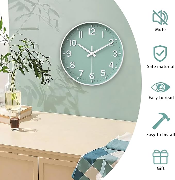 HZDHCLH Wall Clocks Battery Operated,Wall Clock Green,10 inch Wall Clock Silent Non Ticking Modern 3D Numbers for Kitchen Bedroom Living Room Office Classroom Decor