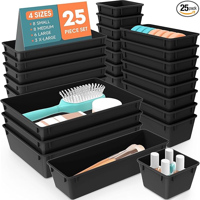 SpaceHacks 25 PCS Plastic Drawer Organizer Set, 4-Size Versatile Organizer Trays & storage Bins for Makeup, Jewelry, and Gadgets in Bathroom, Bedroom and Office, Black
