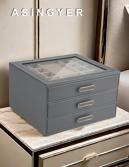3 Layer Jewelry Organizer Box with Glass Lids & 3 Drawers - Elegant Storage Solution for Necklace, Rings，Earrings, and Bracelets - Perfect for Women ASK-301 (Grey)