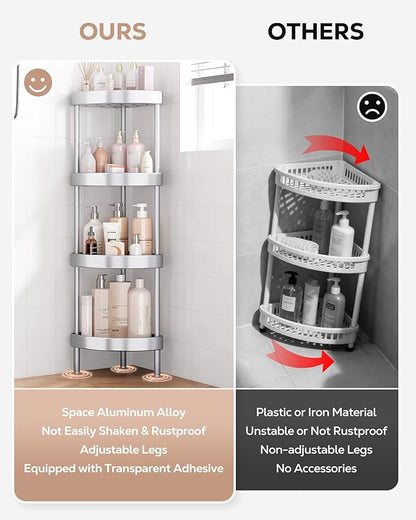 Nieifi Corner Shower Caddy Stand-4 Tier Rustproof Anodized Aluminum Standing Shower Organizer-Shower Caddy Corner-Dual Stability to Anti-Shaking-Height-Adjustable Legs for Uneven Surfaces-Silver