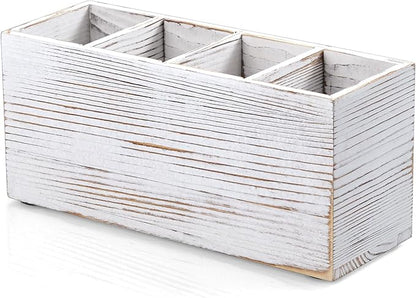 Pencil Pen Holder for Desk, White Washed Wood Office Desk Organizers and Accessories with 4 Slots for Countertop, Makeup Brush Holder Organizer for Bathroom Vanity, Silverware Caddy for Party