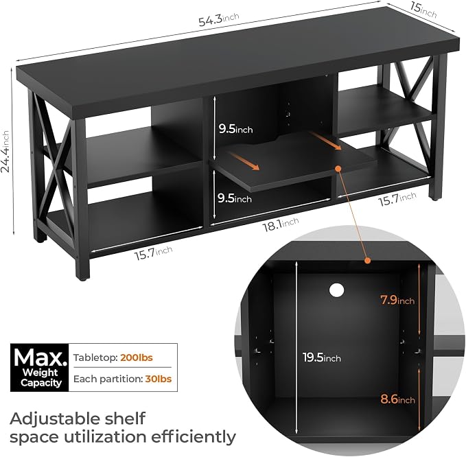 GreenForest TV Stand for TV up to 65 inches, Entertainment Center with 6 Storage Cabinet for Living Room, 55 inch Farmhouse Television Stands Console Table, Industrial TV stands for Living Room, Black