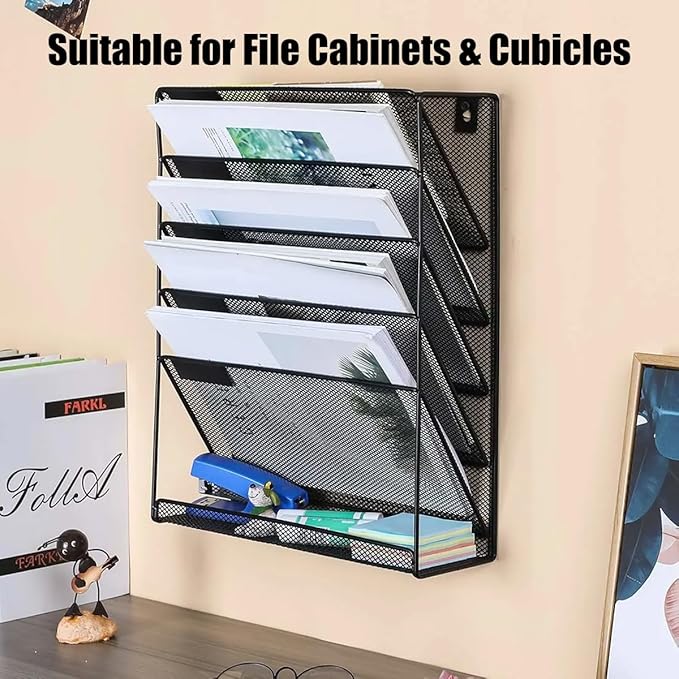 1 Pcs 6-Tier Magnetic File Holder, No Drilling Magnetic File Organizer, Black Large Capacity Wall File Holder for File Cabinets, Office, Whiteboard, Magnetic Mail Holder