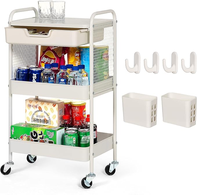 CRUDATE 3-Tier Rolling Cart with Drawer, Metal Utility Storage Cart Organizer with Lockable Wheels&Hanging Cups&Hooks, Mobile Storage Craft Carts Trolley with Mesh Shelves for Kitchen, Office-White