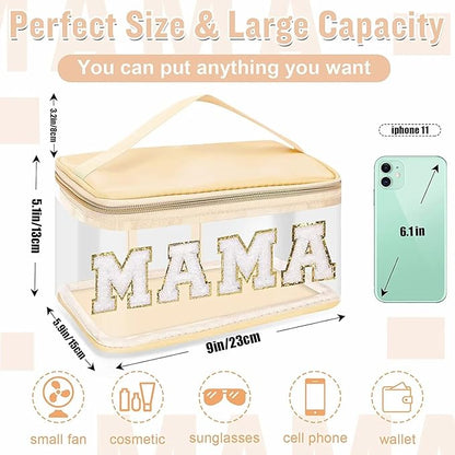2 Pcs Chenille Letter Clear Makeup Bags Mama Baby Pouch, Preppy Patch Makeup Bag Mama Baby Hospital Duffle Bag Zipper with Handle, Travel Baby Toiletry Bag Nylon Cosmetic Handbag for Women(MAMA+BABY)