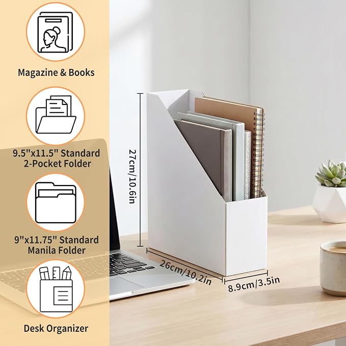 EXYGLO 12 Pack White Magazine File Holder, Cardboard Magazine Rack with Label, Foldable Storage Organizer Box for Book, Documents, 10.2x3.5x10.6 Inches