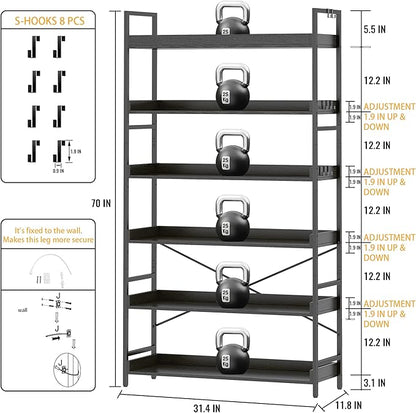 HCHQHS Bookshelf, Adjustable Industrial Bookcase, Vertical Tall Book Shelf, Wood and Black Metal Open Bookshelves for Home Office, Living Room, Bedroom (Black, 6-Tier (31" W x 70" H))