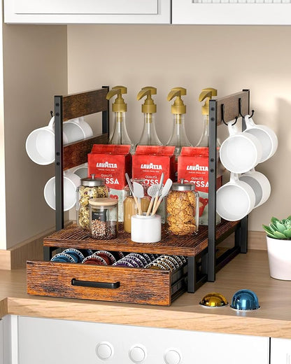 Evermagin Coffee Pod Holder, Vertuo Pod Holder Compatible with Nespresso, 28 Large or 56 Small Nespresso Capsule Organizer Drawer Station with Cup Rack, Rustic Brown