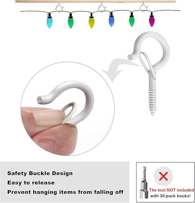 PlusRoc 30 Pack Christmas Light Hooks for Outside String Light Hanger Clips, 2.2 Inch White Cup Hooks Screw in Eye Hook Q-Hanger, Wall & Ceiling Deck Patio Tree Mount