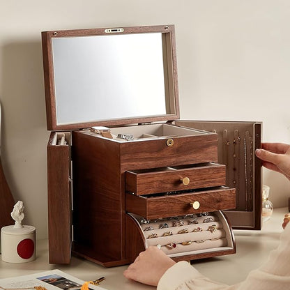 CHOSIN Black Walnut Wooden Jewelry Box, 4-Layer Lockable Organizer with Mirror, Rotatable Ring Holder,Side Doors & Brass Handle, Classical Design for Rings, Necklaces, Earrings, Christmas Gifts
