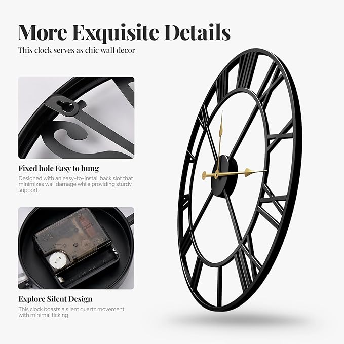 Cuspin 24 Inch Wall Clock Black, Large Decorative Wall Clocks for Living Room, Modern Metal Round Clocks Battery-Operated Completely Silent Non Ticking Roman Number