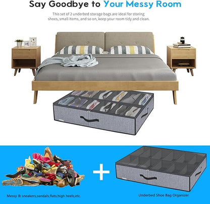Onlyeasy Large Under Bed Shoe Organizer (6 to 12 Pairs x 2) - Underbed Shoes Closet Storage Solution with Metal Zipper and 2 Handles, Breathable, 29.3"x23.6"x5.9", Linen-like Grey, MXDUBSB2P