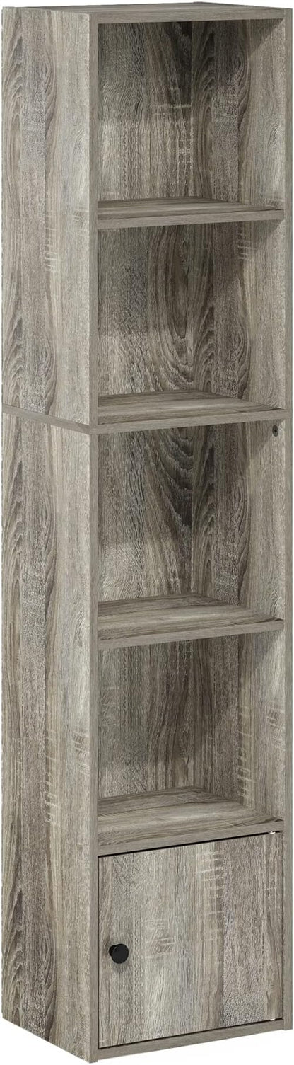 Furinno LUDER Book Shelf, 5-Tier Modern Bookshelf, Bookcase with 1 Door Storage Cabinet, 9.3 x 12 x 52, for Living Room, Bedroom, Home Office, French Oak