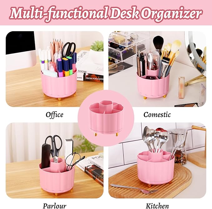 360 Rotating Desk Organizer for Women, 6 Compartment Pen Holder, Cute Pencil Cup & Marker Organizer, Office Desk Accessories, Aesthetic Desk Decor, Workspace Organizers (Pink)
