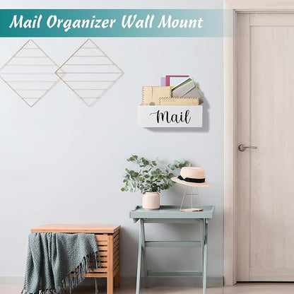 DRASTAR Mail Organizer, Mail Holder with 2 Slots, White Mail Basket for Wall Mount, Wooden Desk Mail Organizer, Envelope Holder for Home Office Decor