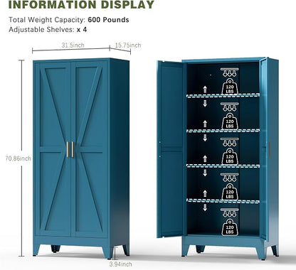 COFaR Home Farmhouse Storage Cabinet with Barn Door, Tall Kitchen Pantry Cupboard with Adjustable Shelves, for Dining Room, Bathroom, Living Room Blue.