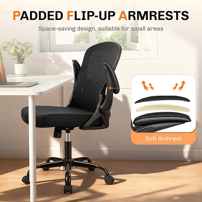 Office Chair, Ergonomic Mesh Desk Chair with Adjustable Lumbar Support & Flip-Up Armrest, Mid Back Computer Chair, Swivel Task Rolling Chair for Home and Office (Black)