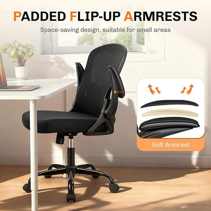 Office Chair, Ergonomic Mesh Desk Chair with Adjustable Lumbar Support & Flip-Up Armrest, Mid Back Computer Chair, Swivel Task Rolling Chair for Home and Office (Black)