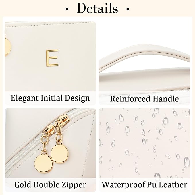 Valentine's Day Gifts for Women Teen Girl, Personalized Initial Makeup Organizer Bag Set, Open Flat Travel Cosmetic Bag With Clear Divider and Handle(Beige,E)