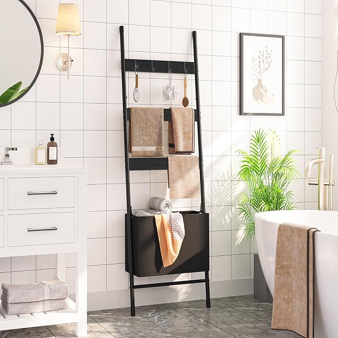 HOOBRO Blanket Ladder with Basket, 17.3”L x 63.4”H, Towel Rack with Hooks, Blanket Holder Rack, Decorative Ladder Shelf, Drying and Display Rack for Bathroom, Living Room, Black BB31CJ01
