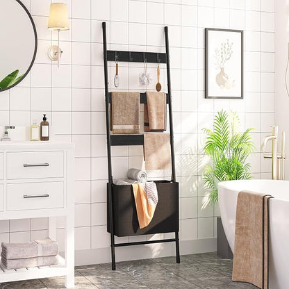HOOBRO Blanket Ladder with Basket, 17.3”L x 63.4”H, Towel Rack with Hooks, Blanket Holder Rack, Decorative Ladder Shelf, Drying and Display Rack for Bathroom, Living Room, Black BB31CJ01