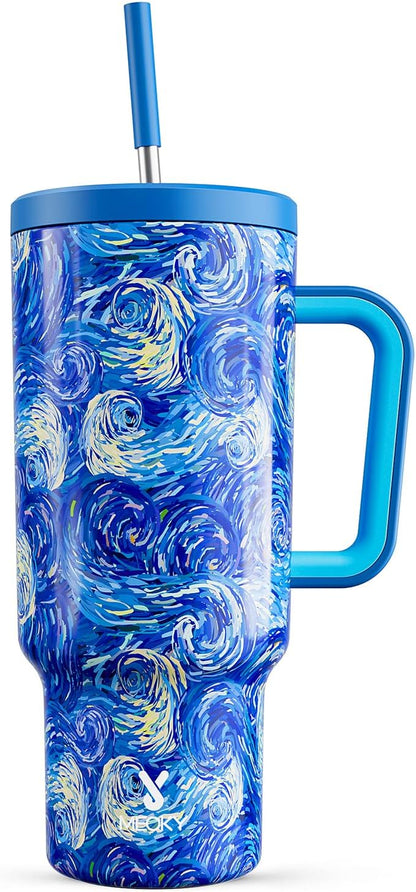 Meoky Tumbler with Handle and Straw for Women: 40 oz Stainless Steel Insulated Tumbler with Lid and Straw 100% Leakproof for Car Cup Holders - Travelers Commuters Workers, Van Gogh