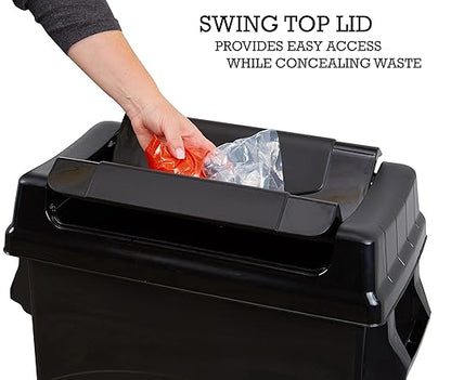 United Solutions Highboy Waste Container with Swing Lid, 23 Gallon, Space Saving Slim Profile and Simple Bag Removal, Handles for Easy Carrying, Indoor/Outdoor Use, Plastic, Black, 1-Pack.