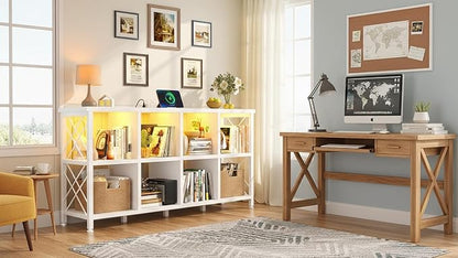 8 Cube Storage Organizer with LED Light and Charging Station, Wood and Metal Cube Shelf, White Horizontal Book Shelf for Bedroom, Home Office