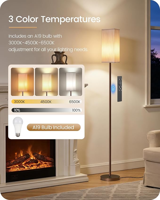 64.2” Dimmable Floor Lamp for Living Room with Remote and Foot Switch, Corner Floor Lamp for Bedroom, Includes 10W A19 Bulb, Modern Standing Tall Lamp, ETL Listed, Brown and White VCW17LD05