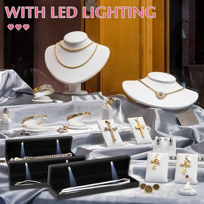 Yinkin 12 Pcs Black Velvet Jewelry Boxes LED Light Display Ring Necklace Bracelet Chain Gift Box Bulk Wedding Proposal Anniversary (Long Chain Box,Rectangular)