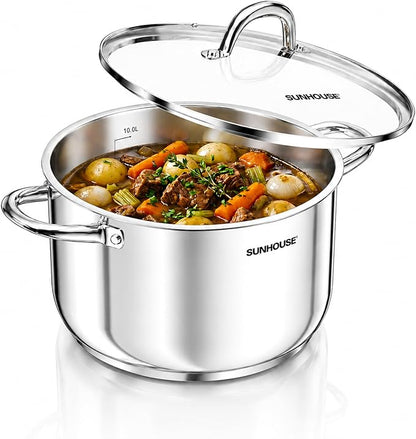 Sunhouse Stock Pot with Lid - 12 QT Large Pot for Cooking Pasta, Soup, Spaghetti - Impact Bonding Base Big Stainless Steel Pots for Canning, Boiling - Oven Safe & Induction Compatible Cookware