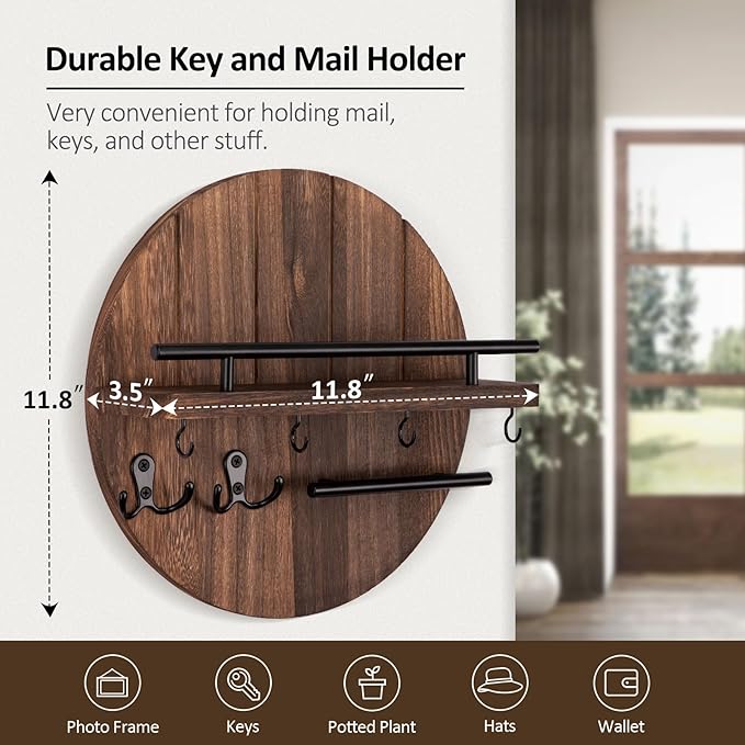 Nekon Key Holder Wall Mount, 11.8 Inch Rack With Shelf and 6 Hooks, Rustic Mail Organizer, Circular Wooden Hanger for Entryway Hallway Kitchen (Brown)
