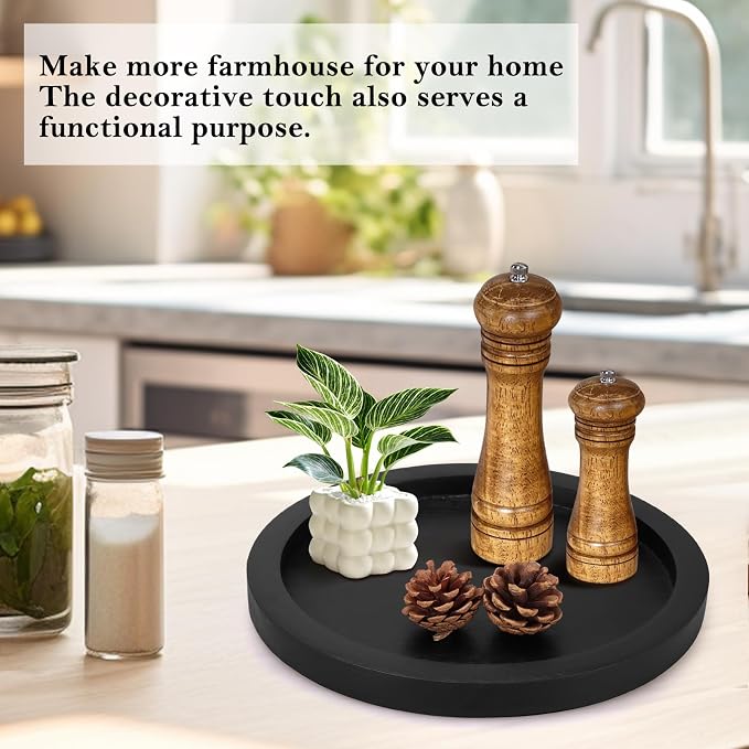 Rustic Decorative Wooden Serving Tray Home Decor Round Ottoman Coffee Table Trays Farmhouse Living Room Dinner Table Centerpiece Accessories Wood Candle Holder Tray for Kitchen Counter Bathroom Vanity