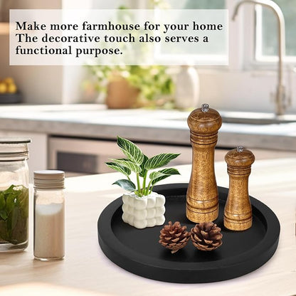 Rustic Decorative Wooden Serving Tray Home Decor Round Ottoman Coffee Table Trays Farmhouse Living Room Dinner Table Centerpiece Accessories Wood Candle Holder Tray for Kitchen Counter Bathroom Vanity
