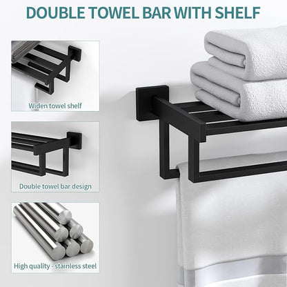 Towel Racks for Bathroom Wall Mounted, 24 Inch Double Towel Bar, Dual Towel Rack with Shelf, Stainless Steel Hand Towel Hanger, Bath Towel Holder for Wall, Black