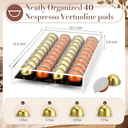 Coffee Pod Drawer Organizer with Clear Station Organizer Compatible with Nespresso Vertuo Acrylic Coffee Capsule Holder Drawer Machine Accessories 40 Pods