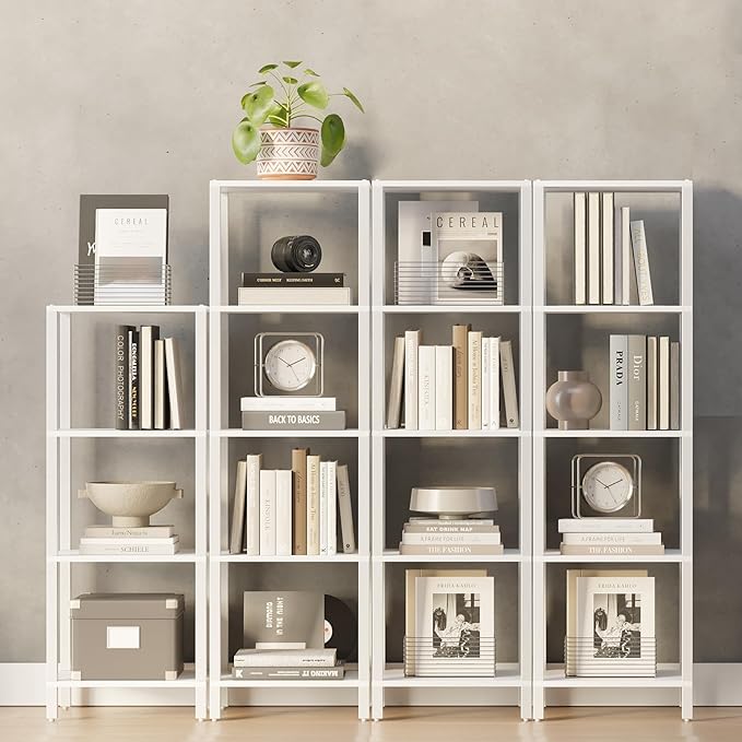 TUTOTAK Bookshelf, 5-Tier Tall Book Shelf, Narrow Bookcase for Small Space, DIY Stackable Bookshelf, for Living Room, Office, Study, Entryway, Industrial, White BS01BW005