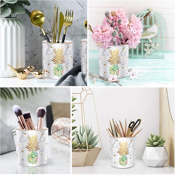 WAVEYU Cute Aesthetic Pencil Holder for Desk, Pineapple Pen Cup Holder, Pretty Office Accessories for Girls Women, Ceramic Organizers, Makeup Brush Holder for Home, Green Pineapple