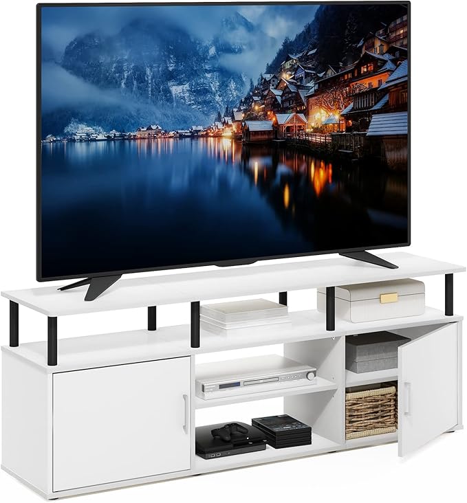 Furinno Jensen Entertainment Center Stand for TV up to 70 Inch, Plastic Pole, Solid White/Black