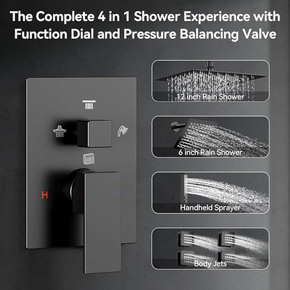 Shower System with Body Jets, Bostingner Four Modes Shower Faucet 12+6" Rain Shower Head with Handheld Spray 2 Ways, 4Pcs Shower Jets System in Wall Shower Faucet Sets Complete, Matte Black