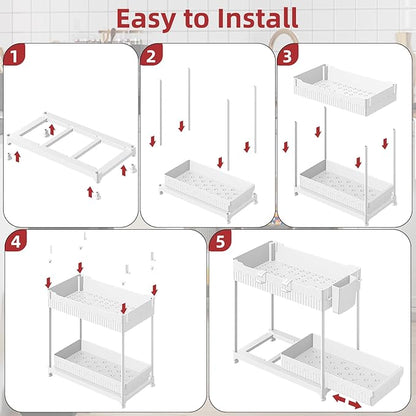 Under Sink Organizer, Bathroom Organizers and Storage, 2 Tier Multi-Use Pull Out Cabinet Organizer with Hang Hooks and Cups (White, 4 Pack)