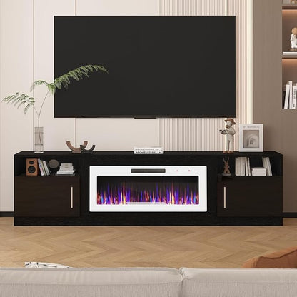 LEMBERI 80 Inch Fireplace TV Stand for TVs up to 90", 36" White Electric Fireplace Entertainment Center with 20-Color LED, 300lbs Max Capacity Modern Wood Media Console Cabinet, Black