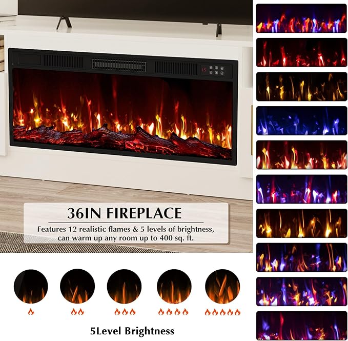 LEMBERI 70" Fireplace TV Stand for TVs up to 80", 36" Electric Fireplace 750W/1500W Entertainment Center with 20-Color LED, 300lbs Max Capacity High Gloss Storage Cabinet Console, White