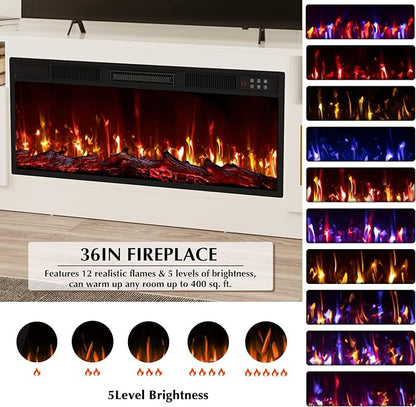 LEMBERI 70" Fireplace TV Stand for TVs up to 80", 36" Electric Fireplace 750W/1500W Entertainment Center with 20-Color LED, 300lbs Max Capacity High Gloss Storage Cabinet Console, White
