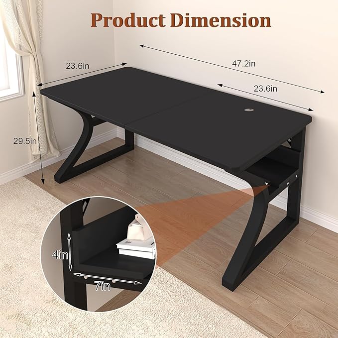Computer Desk, 47'' Home Office Desks Computer Desk w/Storage Shelf, Study Writing Desk w/U Shaped Metal, Cable Management, Work Table w/Water-Resistant Deeper Thicker Desktop for Home Office