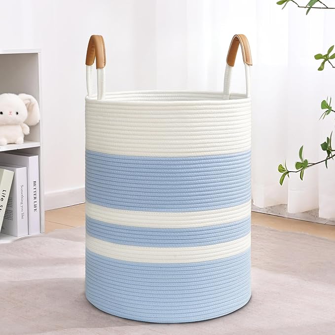 60L Striped Laundry Basket, Blue Laundry Hamper with Leather Handles, Woven Cotton Rope Storage Bin for Blankets, Nursery Hamper for Clothes, Toys In Bathroom, Livingroom, Bedroom